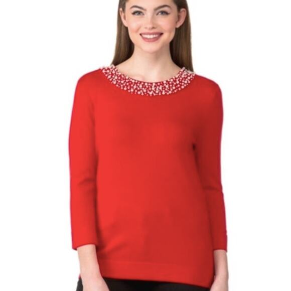 Karl Lagerfeld Paris Pearl Three Quarter Sleeve Sweater Red Size Small NEW - Picture 1 of 9